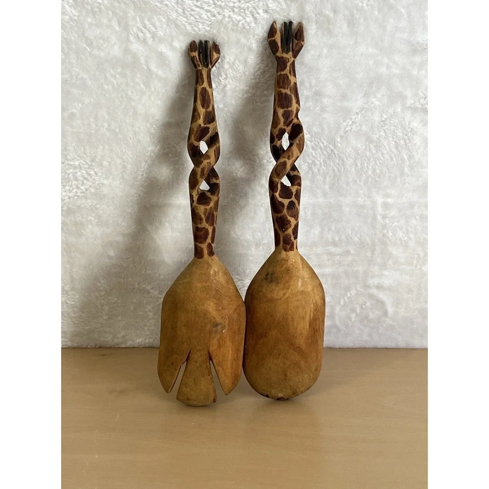 Vintage Carved‎ Wood Giraffe Salad Servers Spoon & Fork Set Hand Painted